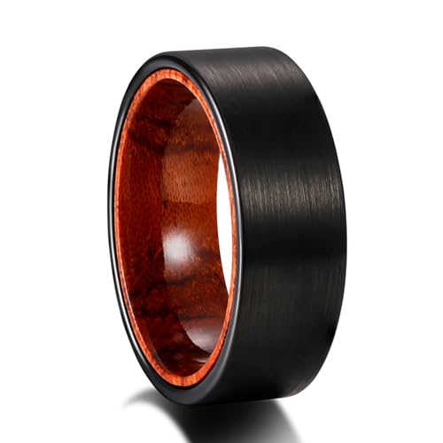 Bague punk en acier tungstène noir de 8 mm et bois taille 66 pour homme