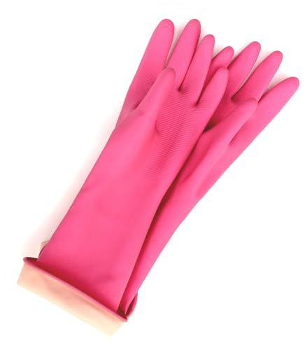Image of Pink Rubber Household Cleaning Gloves, Long Cuff, Waterproof, Reusable, Dishwashing and Kitchen Use