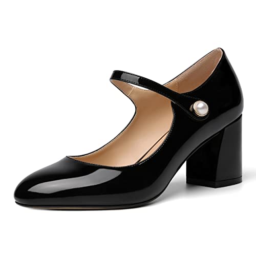 ROSERWISH Womens Wedding Round Toe Ankle Strap Patent Fashion Block Mid Heel Pumps Shoes 2.5 Inch