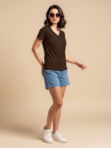 Image of JUNEBERRY Cotton Lycra Regular Fit V- Neck Solid Core Half Sleeves T-Shirt for Women & Girls (Colors Available: Black, Green, Magenta, Blue, Orange & Limeade)