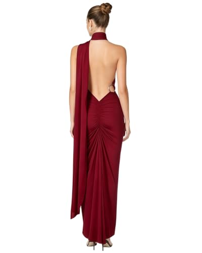 Image of Suillty Women's Sexy Oblique Shoulder Backless Maxi Dress Ruched Back Strap Sleeveless Party Club Long Dresses Bodycon