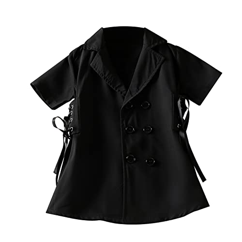 Kid Girl Dress Coats Short Sleeve Lapel Ribbon Bandage Waist Double-breasted Jacket Blazer Clothes