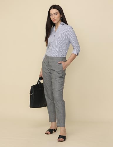 Image of WEARHOUSE Women's Polyester Solid Formal Elasticated Trousers Pant | Stripped Regular Fit for Office | Formal | (Grey)