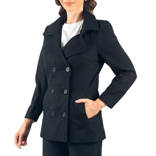Alpine Swiss Emma Women's Wool Peacoat – Double-Breasted 3/4 Length Overcoat, Stylish & Warm Blazer for Fall & Winter Black 2XL