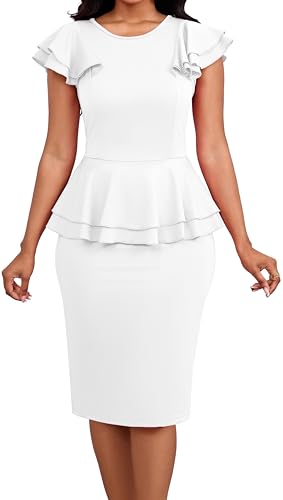Image of Dresses for Women Elegant Long Sleeves Ruffles Pencil Knee Length Split Business Dress with Belt Zipper