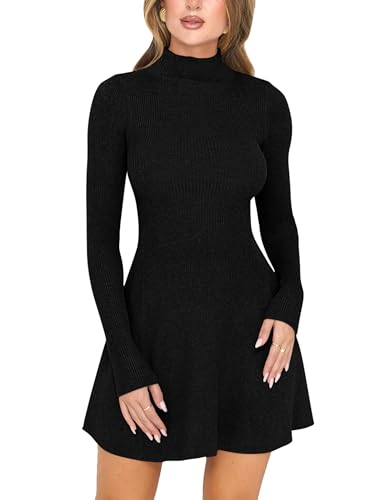 YMDUCH Women's Casual Fall Pullover Sweater Dress Mock Neck Long Sleeve Knit Ribbed Mini Dress Black