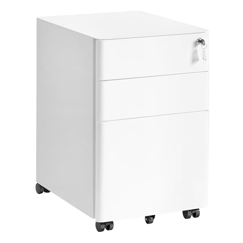 SONGMICS Cassettiera da Ufficio, Mobile con Ruote e 3 Cassetti, Chiusura a Chiave, Premontato, Mobiletto in Metallo, Supporto per Stampante, Studio, 50 x 39 x 59 cm, Bianco Opaco OFC032WG01