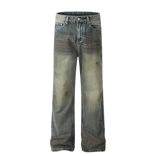 Jeans Pants Trouser Denim Retro Straight Tube Trendy Street Washed Blue Design Commuter for Men