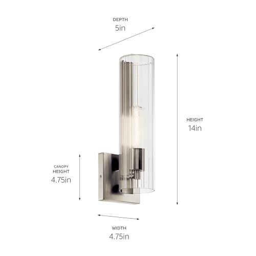Image of Kichler Jemsa 1 Light Wall Sconce, Modern Light with Clear Fluted Glass in Brushed Nickel for Bathroom, Powder Room, Sides of Fireplace, Down a Hallway, Kitchen, or Bedroom (14 inch x 4.75 inch), 55165NI