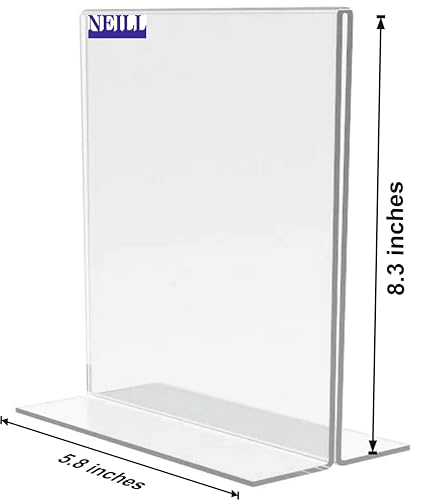 Image of NEILL Acrylic Sign Holder T Shape, Size-A5(5.8 inchx8.3 inch), Pack of 4 Pcs, Double Sided Portrait Display Stand Table Top Perfect for Restaurants, Promotions, Classroom