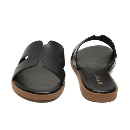 Image of Womens Flat Sandals Dressy Summer Slides Comfortable Casual Open Toe Vacation Sandals Slip On Slides Leather Sandals for Women