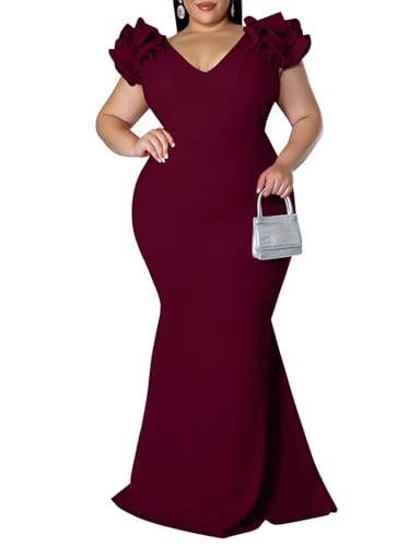 Image of Ekaliy Women's Plus Size Maxi Dress Elegant V-Neck Ruffle Sleeves Bodycon Mermaid Evening Gown
