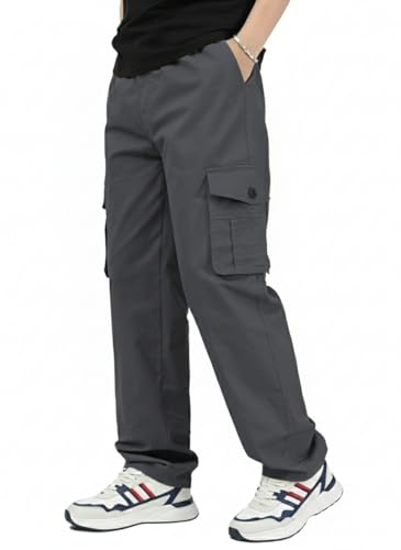 Image of Men's Cotton Cargo Pant | 5 Pocket Style Drawstring Elastic Waist Relaxed Fit Straight Leg, Breathable Durable Work Hiking Casual Trousers in Grey Silver Beige Black Sizes 30 to 42