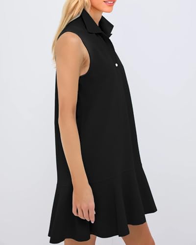 Image of YEXPINE Women's Sleeveless Polo Dress Ruffle Hem Lapel V Neck T-Shirt Summer Mini Dresses