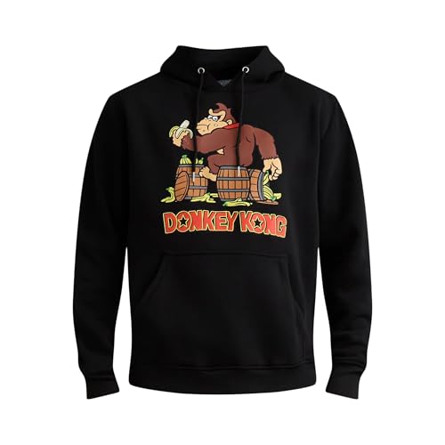 Nintendo Super Mario Hoodie for Men Fleece Donkey Kong Banana and Barrels Character Hoodie Super Mario Sweatshirt Large Black