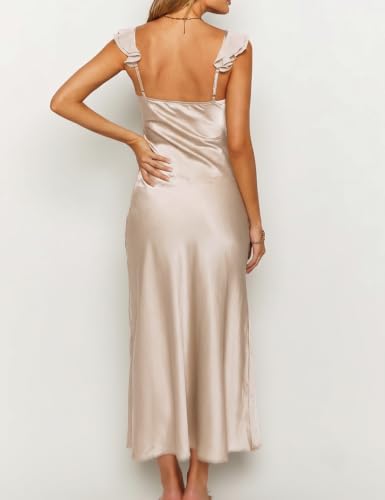 Image of KOUNAI Women's Satin Summer Lace Slit Formal Midi Dress for Wedding Guest | Silk,Elegant,Ruffle Sleeve,Cocktail,Bridesmaid, Beach, Vacation,Party,Adjustable Straps,Graduation,Baby Showe,Engagement