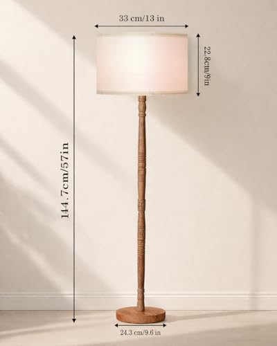 Image of Homesake Mid Century Modern Floor Lamp for Living Room | Hand Turned | Corner Lamp for Living Room, Stand Lamp with Fabric Lampshade for Bedroom, Study Room and Office, KD Off-White Drum