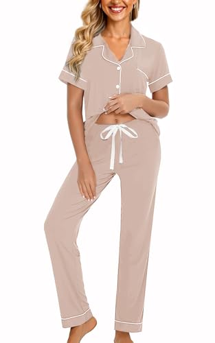 Image of WJing Yi Jia Womens Soft Pajamas Set XS-XXL Button Down Sleepwear Short Sleeves Pajama sets with Long Pants Pj Set Nightwear