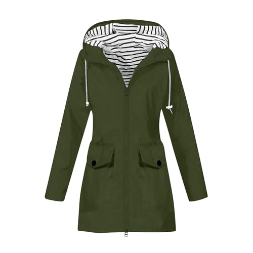 Womens Rain Jacket with Hood Waterproof Striped Lined Zip up Raincoats Lightweight Outdoor Hiking Travel Windbreaker