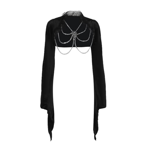 Image of Women Gothic Crop Top Shirt Y2K Black Bell Sleeve Shawl Cardigan