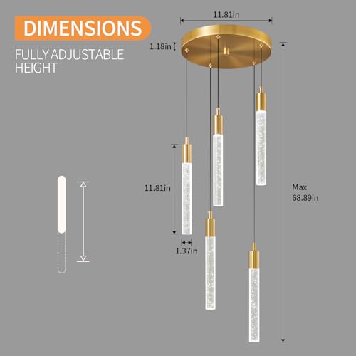 Image of Modern Light Fixture Kitchen Island Pendant Light Dimmable LED Gold Pendant Lights Mini Crystal Pendant Lighting for Bedroom Dining Room Living Room（5-Light ）