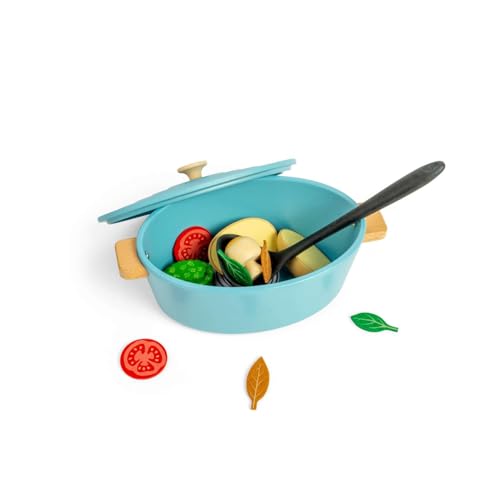 Bigjigs Toys Set de casseroles 17 pièces en Bois, Jouet Alimentaire, Accessoires et Cuisines pour Enfants, Jeu de rôle pour Tout-Petits, idée Cadeau Cuisine, dès 18 Mois