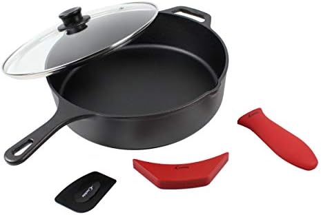 Crucible Cookware 12-Inch Cast Iron Skillet Set (Pre-Seasoned - EXTRA DEEP Sauté Pan), Including Large & Assist Silicone Hot Handle Holders, Glass Lid, Scraper | Indoor & Outdoor Use - Thumbnail 3