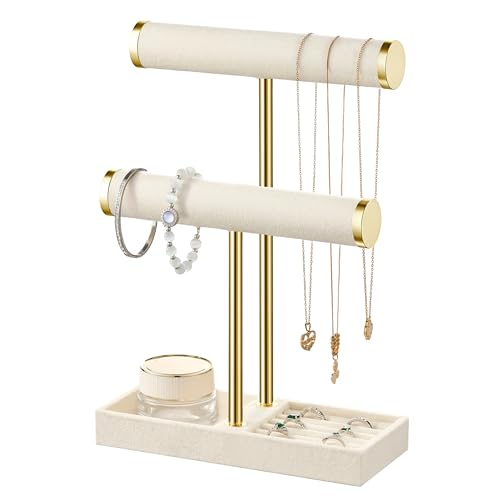 Josmimic Schmuck Organizer mit 2 Ebenen - Beige Schmuckständer Armbänder, Abnehmbarer T-Steg Schmuck Ständer, Samt-Armbandhalter, Schmuckhalter...
