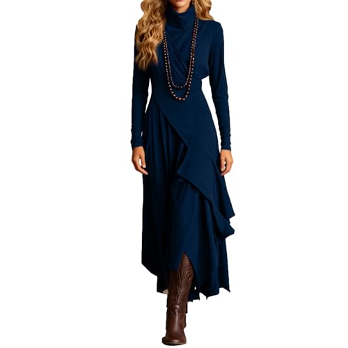 Winterkleid Damen Elegant Rollkragen A Linie Kleid Damen Langarm Unregelmäßig Kleider Winter Festlich Lang Herbstkleid Maxi mit Taschen...