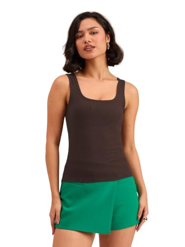 Image of barcino Brown Ribbed Square Neck Tank Top