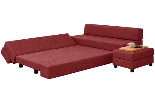 Image of Rosebell 3+2 Convertible Leg Sofa Cum Bed Set with Ottoman - Foldable Modular Seating & Sleeper - Space Saving Living Room Furniture - Jute Fabric-Red