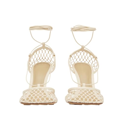 Olomisa Mesh Heels for Women - Wrap-up Heels with Square Toe & Strappy Fishnet Design2
