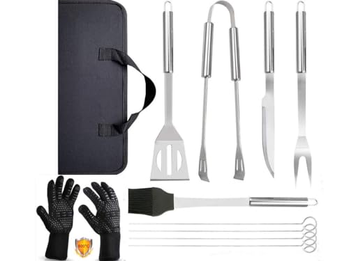 Barbacoa Profesional 9 Piezas Acero Inoxidable 18/10+Guantes Antiheat 1472°F-Kit Utensilios Parrilla con Bolsa Oxford, Incluye Cuchillo y Pinchos-Ideal Horno,Camping,Chimenea(Regalo Hombre/Día Padre)