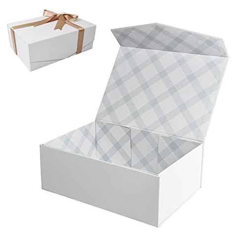 Tekhoho White Gift Box with Lid, Present Box for Gifts, Magnetic Gift Boxes with Ribbon for Bridesmaid Proposal Wedding Birthday Gift Packaging, Folding Empty Gift Box, Plaid Lining, V-shaped Lid Cover