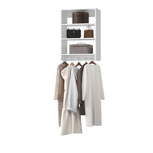 Medium Double Hanging Closet Unit Modular Closet System Wood Closet System Organizer with Storage for Walk In Closets Clothing Rack Closet for Hanging Clothes Bedroom White 195W