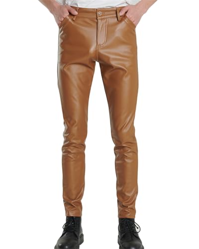 Faux Leather Motorcycle Biker Pants for Men's Slim Fit Solid Color Nightclub Disco Skinny Trousers