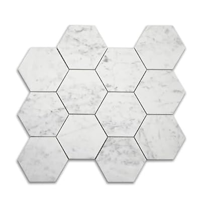Soulscrafts Italian White Carrara Marble 4 Inch Hexagon Mosaic Tile Matte for Kitchen Backsplash Bathroom Wall & Floor Tile 5 Sheets/Box