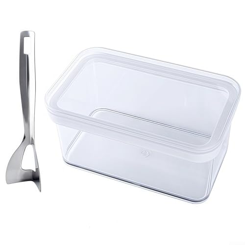 Honseadek Caja de almacenamiento de mantequilla y sellado para tener Keeper 500 g de capacidad, espátula de queso, recipiente de alimentos, recipiente transparente para mascotas y mantequilla de acero