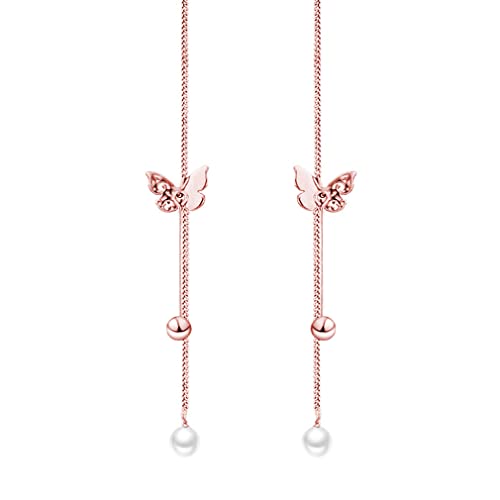 SLUYNZ Sterling Silver Butterfly Threader Earrings Dangle Chain for Women Teens Pearl Long Dangle Earrings Tassel