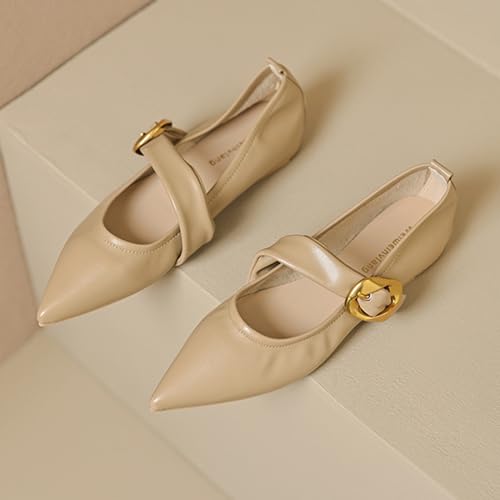 Zeberfi Women's Leather Mary Jane Flat Shoes with Adjust Metal Buckle Fashion Closed Pointed Toe Shallow Mouth Slip On Comfortable Luxury Business Wedding Dress Shoes3