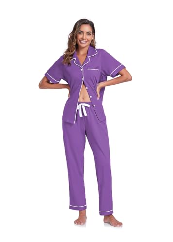 Image of COLORFULLEAF Women's 100% Cotton Pajamas Set Button Down Sleepwear Short Sleeve Shirt and Long Pants Soft Ladies Lounge Sets