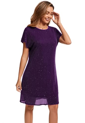 Image of Women's Crewneck Sequin Shift Dress Short Sleeve Casual Holiday Sparkly Party Dress