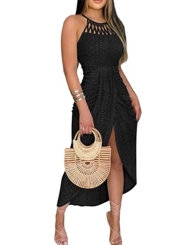 Image of CHICME Womens Summer Halter Ruched Bodycon Long Dresses
