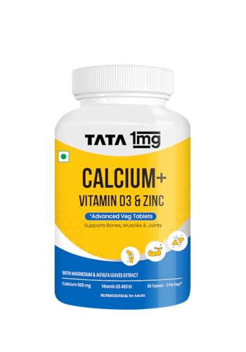 Image of TATA 1mg Veg Calcium & Vitamin D3 supplement with Zinc, Magnesium & Alfalfa | High absorption Citrate Malate form | 500mg Calcium & 400IU Vitamin D3 | For strong bones & joints | 90 veg tablets