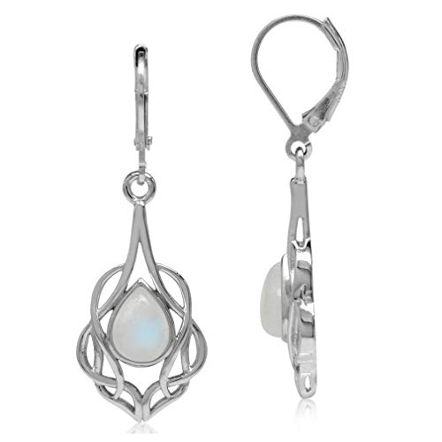 Silvershake Natural Moonstone White Gold Plated 925 Sterling Silver Celtic Knot Drop Dangle Leverback Earrings
