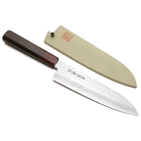 Yoshihiro VG10 46 Layers Hammered Damascus Santoku Japanese Multipurpose Chef Knife (7"(180mm) Rosewood Handle) Cover