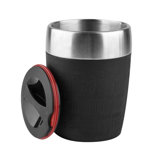 Emsa Travel Cup 0,2 Liter, Doppelwandiger Edelstahl, Spülmaschinenfest, Drehverschluss, 360 Grad Trinköffnung, Soft Touch Sleeve aus Silikon, 514514, Schwarz
