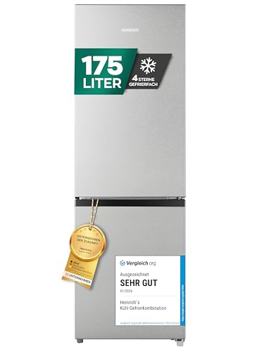 Heinrich´s Kühlgefrierkombination 175Liter, XXL, kühlschrank mit gefrierfach, Kühlvolumen 122L, Gefrierfach 53L, leise 39dB,große Tiefkühlboxen, 7 Temperaturstufen (Energieklasse E, Inox)