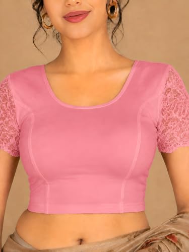Image of Abhi Cotton Readymade Saree Blouse for Women- Half Net Sleeves, Round Neck, Regular-fit, Stretchable, Pull-on Style Blouse