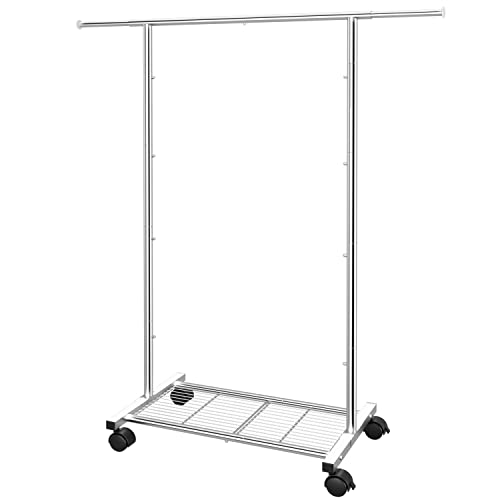 Simple Trending Clothing Garment Rack with Wheels and Bottom Shelves, Extendable, Capacity 150 lbs, Chrome